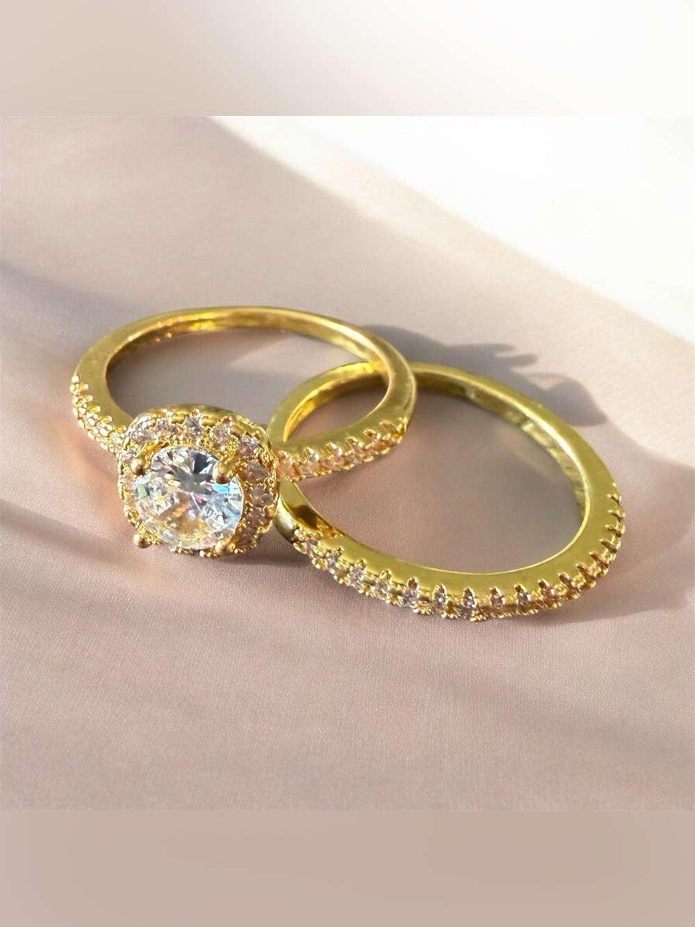 Gold Cubic Zirconia Halo Engagement Ring Set